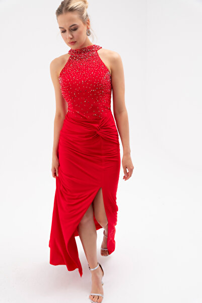 Lafaba Women's Red Halter Neck Rhinestone Long Evening Dress