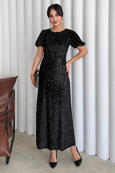 VAGGON Balloon Sleeve Stone Embroidered Drawstring Midi Dress