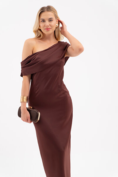 Lafaba Women's Brown Degaje Collar Satin Dress