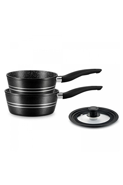 Royalty Line Set de caserole cu capac universal RL-FS2MB, 3 buc., acoperire cu marmură, inducție, negru