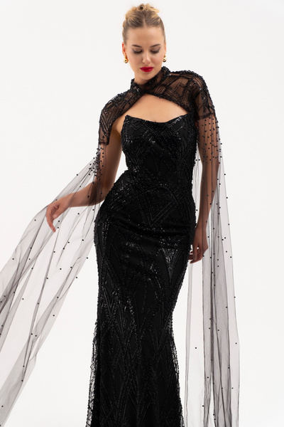 Lafaba Women's Black Shawl Detail Beaded Long Evening Dress