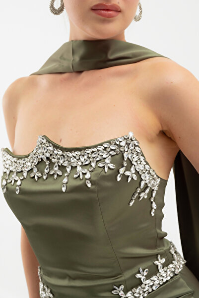 Lafaba Women's Khaki Strapless Stone Long Satin Evening Dress