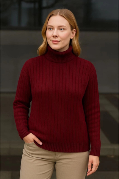 GENCULUS Fisherman Collar Knitted Sweater Cotton Thick Corded Fabric Woven Claret Red