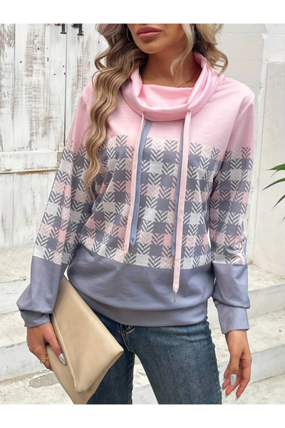 GENCULUS Women's Long Sleeve Turtleneck Lace up Patterned Hooded Diver Blouse