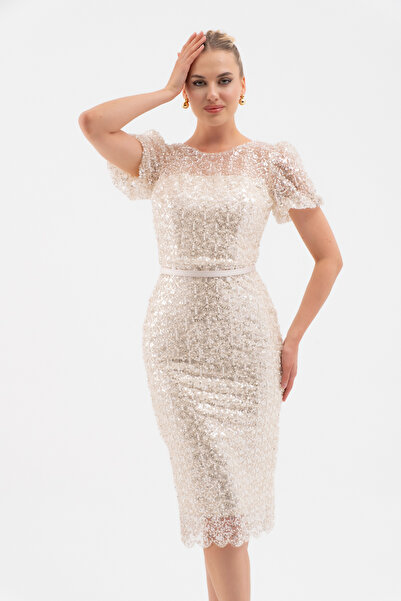 Lafaba Women's Cream Beaded Midi Evening Dress