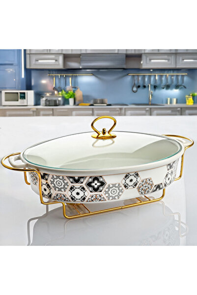 welcomein 39 cm Patterned Porcelain Oval Pot with Gold Stand, Oven Container, Glass Lid, Heat Resistant Presentation Casserole
