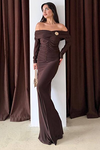 VAGGON Madonna Collar Draped Maxi Length Dress with Accessory Detail