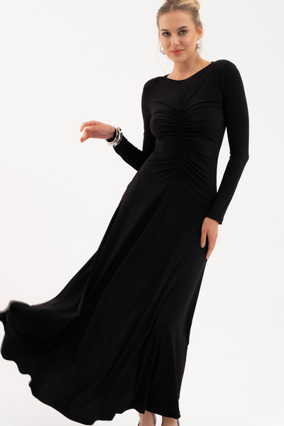 Lafaba Women's Black V-Neck Gathered Long Dress