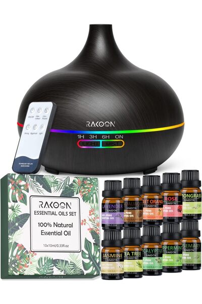 Rakoon Home and Life مجموعة موزع الزيوت العطرية والزيوت العطرية من راكون، سعة 550 مل، مع 4 مؤقتات و15 ضوء محيطي