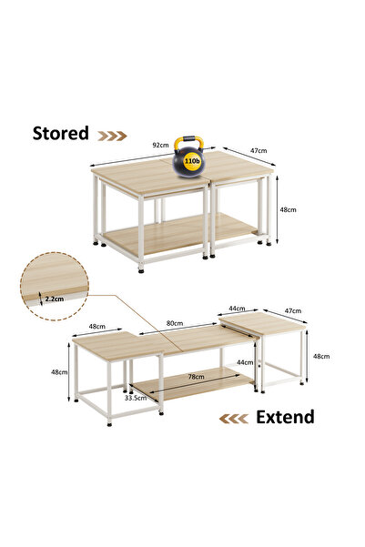 Venpara 3-in-1 Modular Coffee Table with 2-Tier Shelves, Waterproof Top & Sturdy Metal Frame