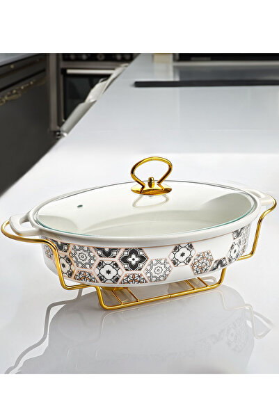 welcomein Gold Footed 34 cm Wire Pot Porcelain Oven Container with Glass Lid Presentation Casserole 300 ° C Heat Resistant