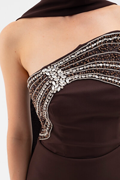 Lafaba Women's Brown Strapless Stone Long Mermaid Evening Dress