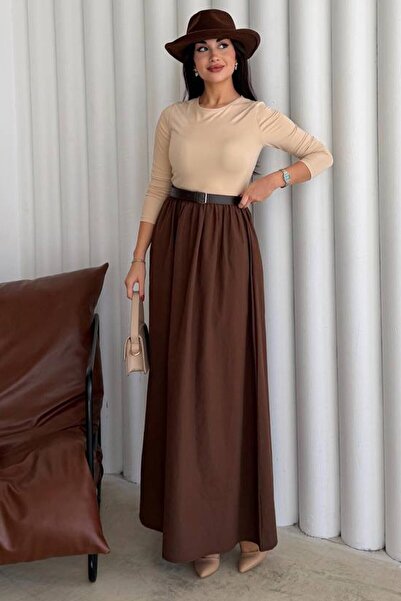 VAGGON Crew Neck Pleated Belted Maxi Dress