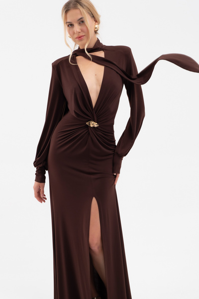 Lafaba Women's Brown Shawl Collar Front Knot Buckle Long Dress