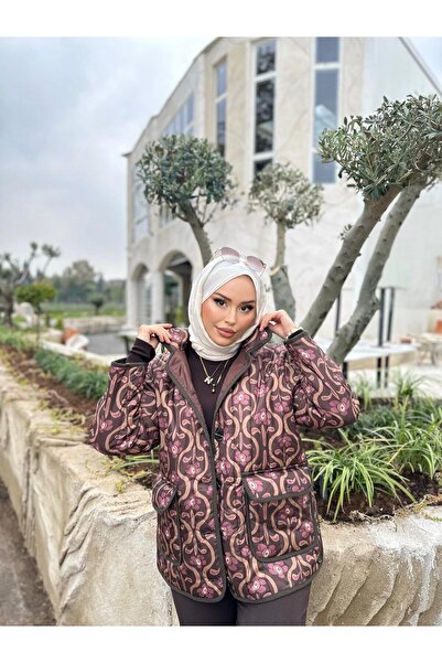 Minel Women's Brown Printed Quilted Jacket 01