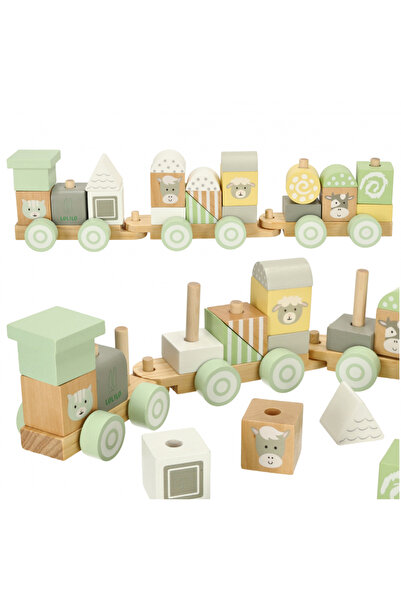 Ikonka Trenulet din lemn pentru copii, cu blocuri de construit, dimensiune 39...