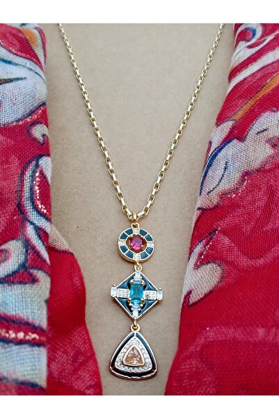 Orelia Takı Siyah Mineli Renkli Zirkon Taşlı Geometrik Formlu Zincir Kolye