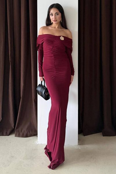 VAGGON Madonna Collar Draped Maxi Length Dress with Accessory Detail