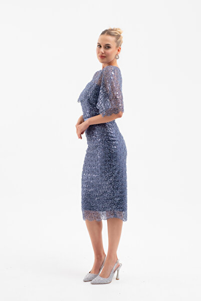 Lafaba Women's Indigo Bolero Detail Beaded Midi Promise Engagement Evening Dress