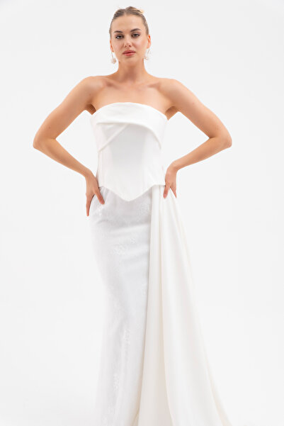 Lafaba Women's White Strapless Neckline Lace Detail Long Evening Dress