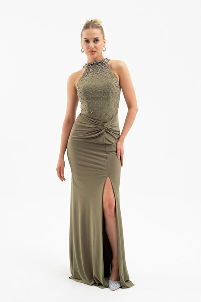 Lafaba Women's Khaki Halter Neck Rhinestone Long Evening Dress
