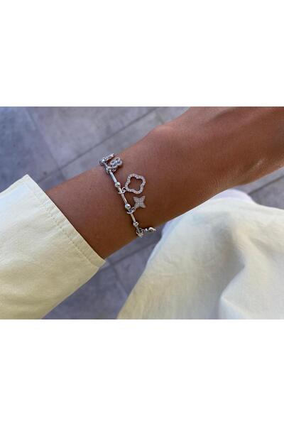 marseljewellery Adjustable Open Silver Bracelet with Clover and Flower Figure...