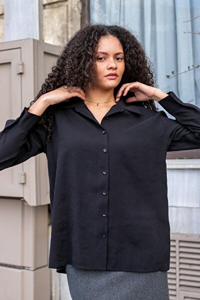 Jument Women's Cotton Modal Cupra Fabric Collar Side Slit Long Sleeve Shirt-Black