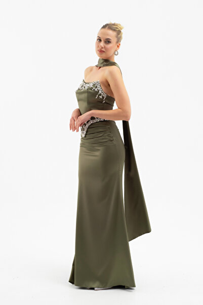 Lafaba Women's Khaki Strapless Stone Long Satin Evening Dress