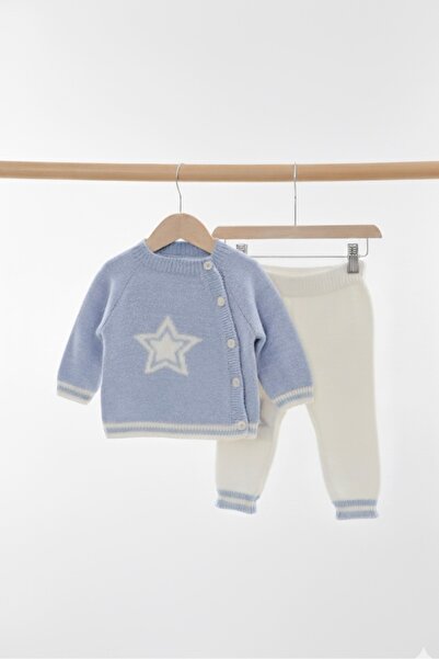 Bursa Trikomer Star Knit Patterned Stylish Side Buttoned High Neck Knitwear Soft Textured Baby Set