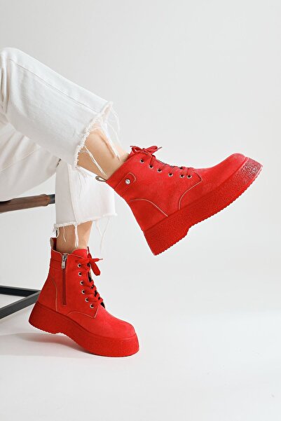 Shemard Kadın Postal Bot Bağcıklı Yandan Fermuarlı Kırmızı Termo Kaymaz Taban