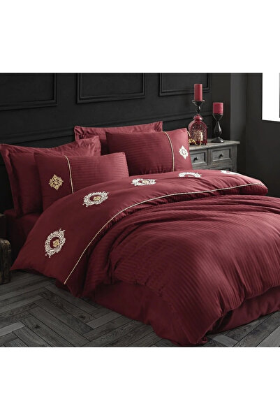 Hobby Elegant Embroidered Cotton Satin Double Duvet Cover Set Olimpos Bordeaux