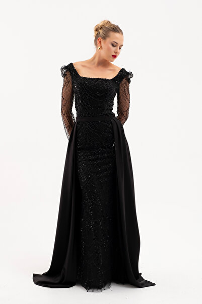 Lafaba Women's Black Long Sleeve Stone Satin Evening Dress with Tail Accessories