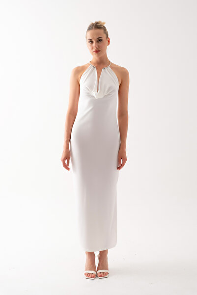 Lafaba Women's White Accessory Detail Low-Cut Long Dress