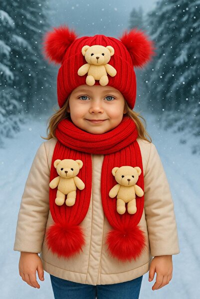 ues Tricot Scarf with Red Bear and Pompons