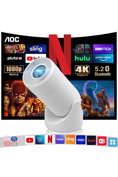 Aoc Compact Mini Projector: 4K Full HD, 8000 Lumen, 180° Adjust, Auto Correction, WiFi BT for Phone
