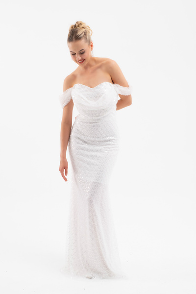 Lafaba Γυναικείο μακρύ βραδινό φόρεμα με λευκό γιακά μαντέλα με χάντρες