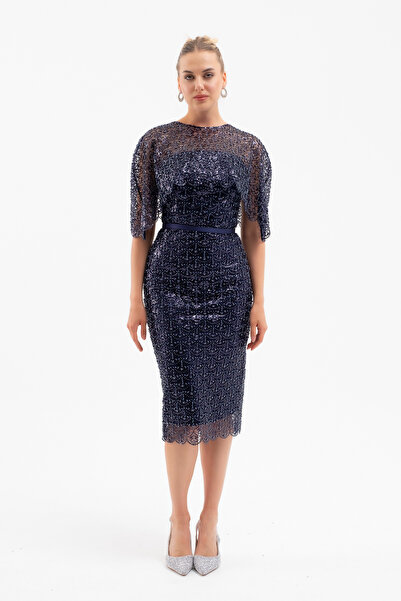 Lafaba Women's Navy Blue Bolero Detail Beaded Midi Promise Engagement Evening Dress