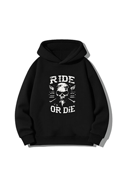MODA Hanorac negru Ride Or Die Biker cu imprimeu cu glugă Swea tricou