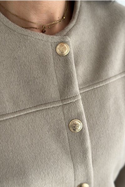 FEMELLE Women's Beige Suede Snap Buttoned Lined Jacket with Pockets