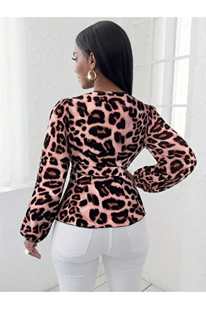 GENCULUS Women's Long Sleeve Double Breasted Collar Waist Belted Leopard Print Single Jersey Blouse