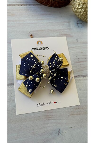 MeloKids Yılbaşı Temalı Özel Tasarım Kurdele Saç Tokası -Gold ve Lacivert