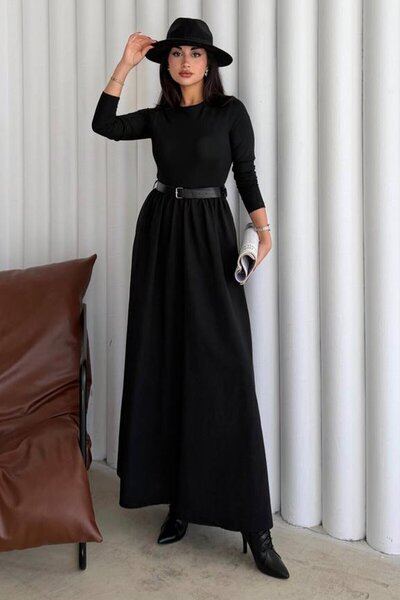 VAGGON Crew Neck Pleated Belted Maxi Dress