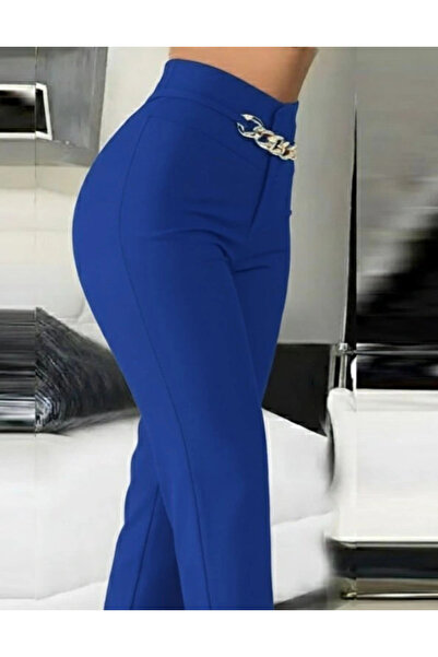 GENCULUS Women's High Waist Front Chain Detailed Imported Crepe Trousers