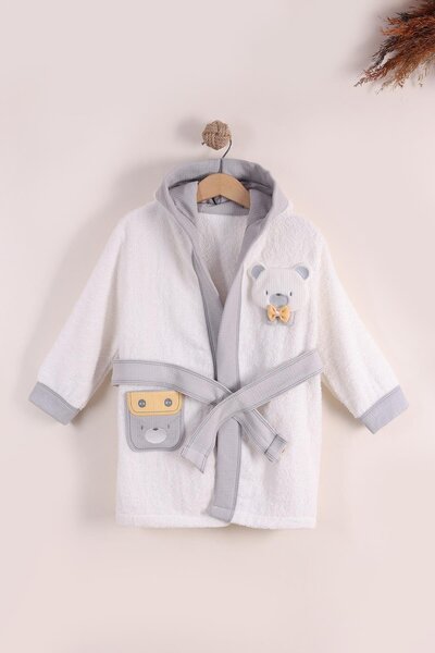 kidello Gray Baby Boy Hooded Dog Patterned Towel Bathrobe