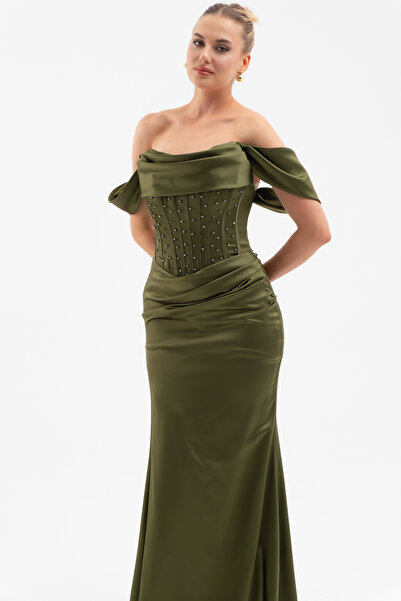 Lafaba Women's Khaki Boat Neck Beaded Long Satin Evening Dress