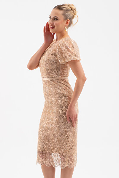 Lafaba Women's Beige Beaded Midi Evening Dress