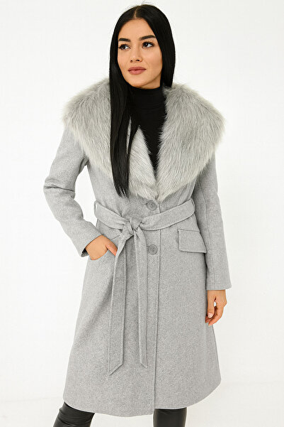 CİDDE Women's Fur Collar Belted Cashmere Coat