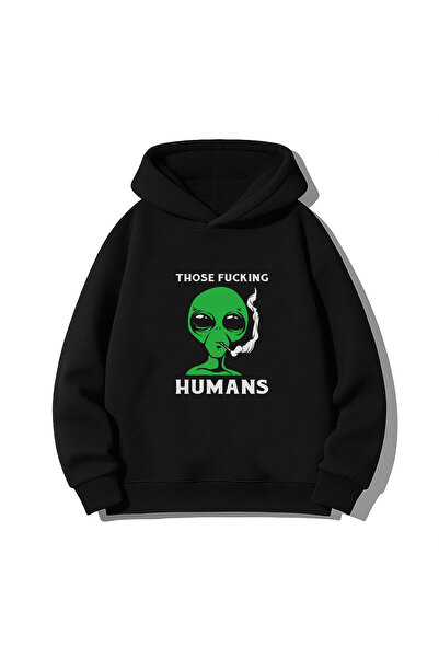 MODA Hanorac negru Alien Alien cu imprimeu cu glugă Swea tricou