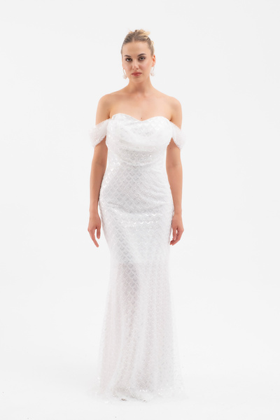 Lafaba Γυναικείο μακρύ βραδινό φόρεμα με λευκό γιακά μαντέλα με χάντρες