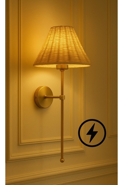 burenze Bambu Hasır Şapkalı Aplik Metal Gövde Eskitme Gold ELEKTRİK İLE ÇALIŞIR E-27 Duy